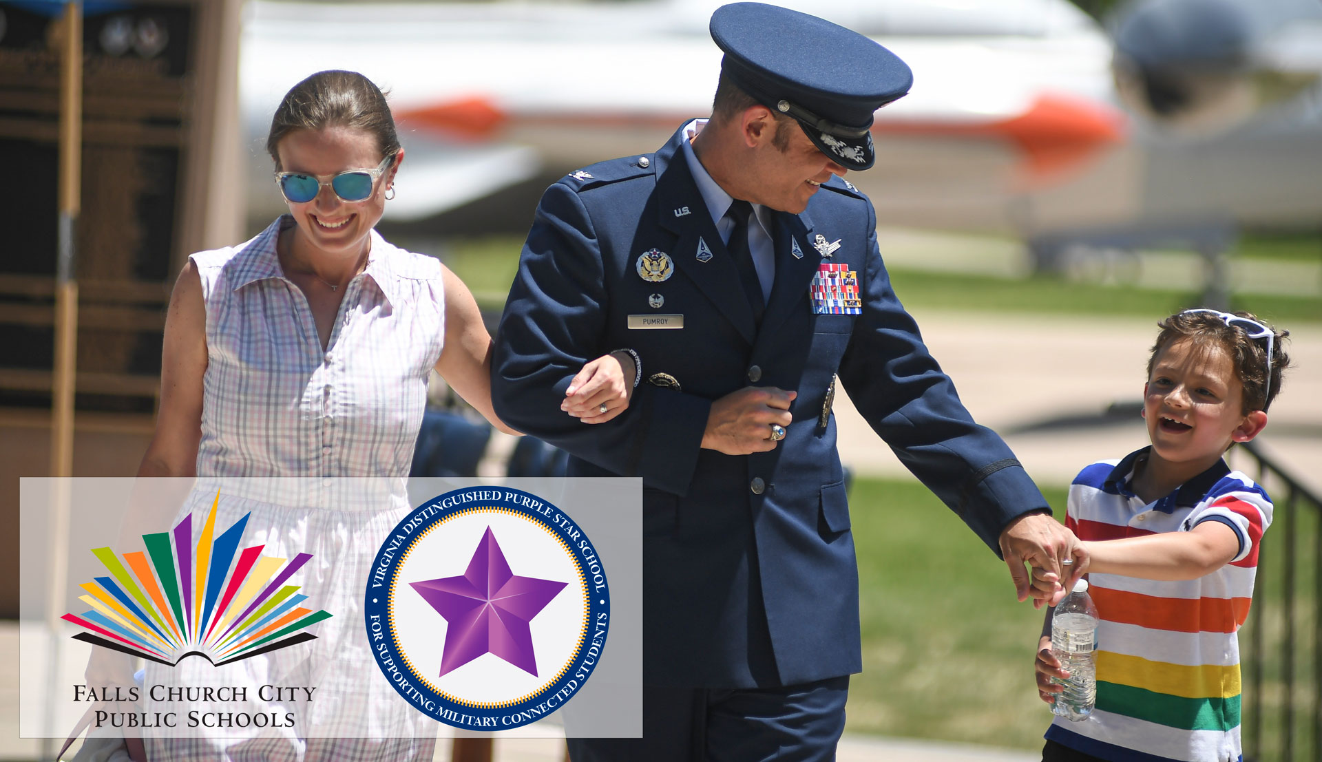 Air Force Office walking with wife and son. FCCPS and Purple Star logos are included.