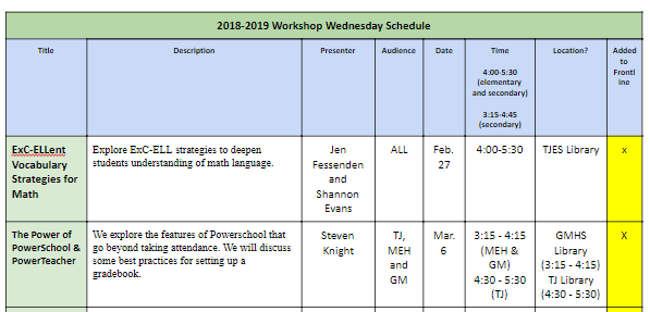 2018-2019 Workshop Wednesday Schedule