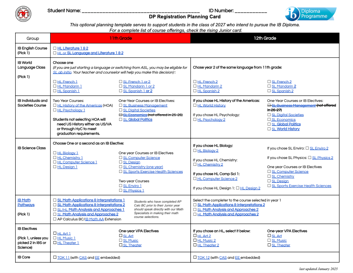 A picture of the DP Registration Planning Card for the Class of 2026