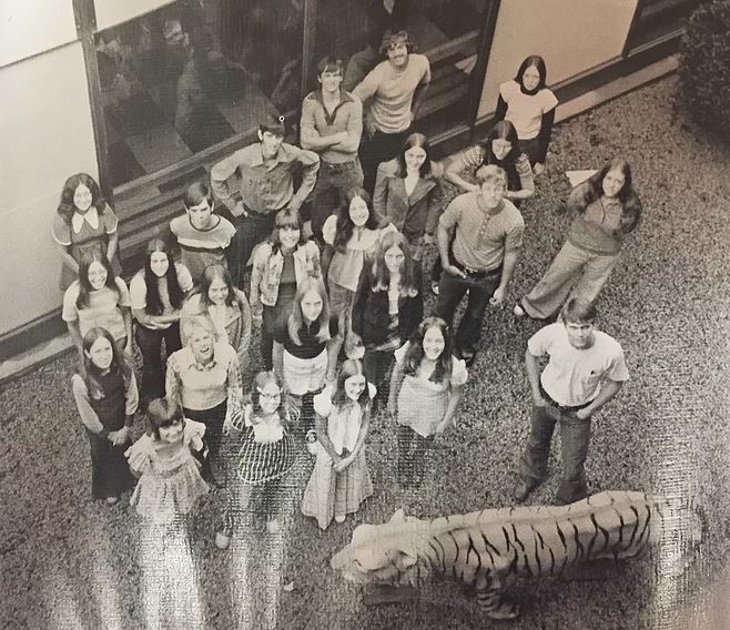 The tiger in the picture below used to be in the courtyard between the now middle school and the original 3-story Timber Township High School building.