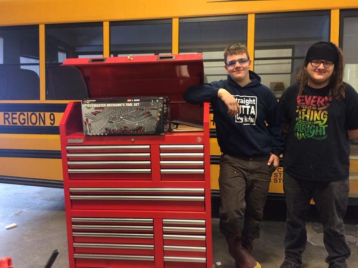 CTE students near garage tool kit