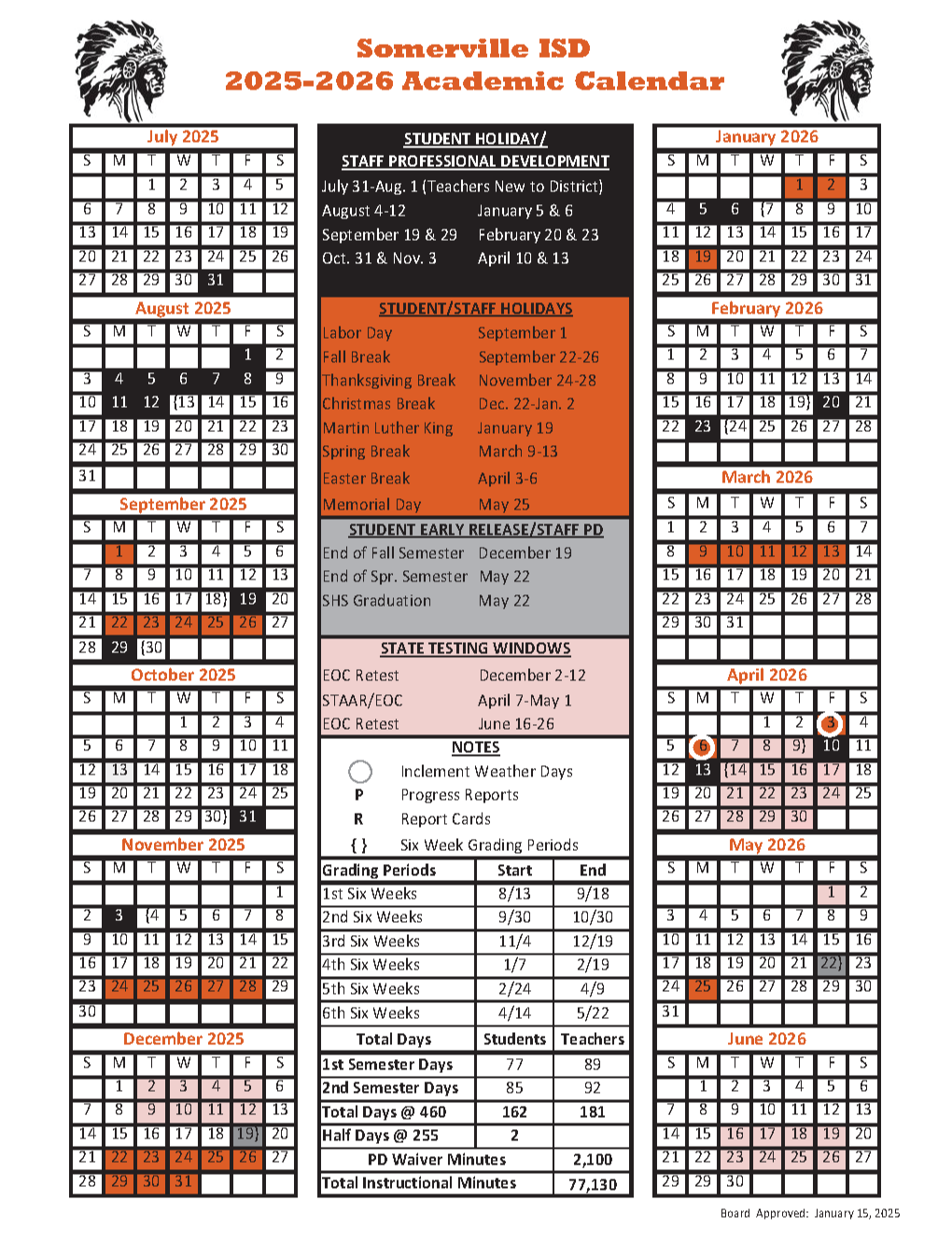 2025-2026 Somerville ISD Academic Calendar