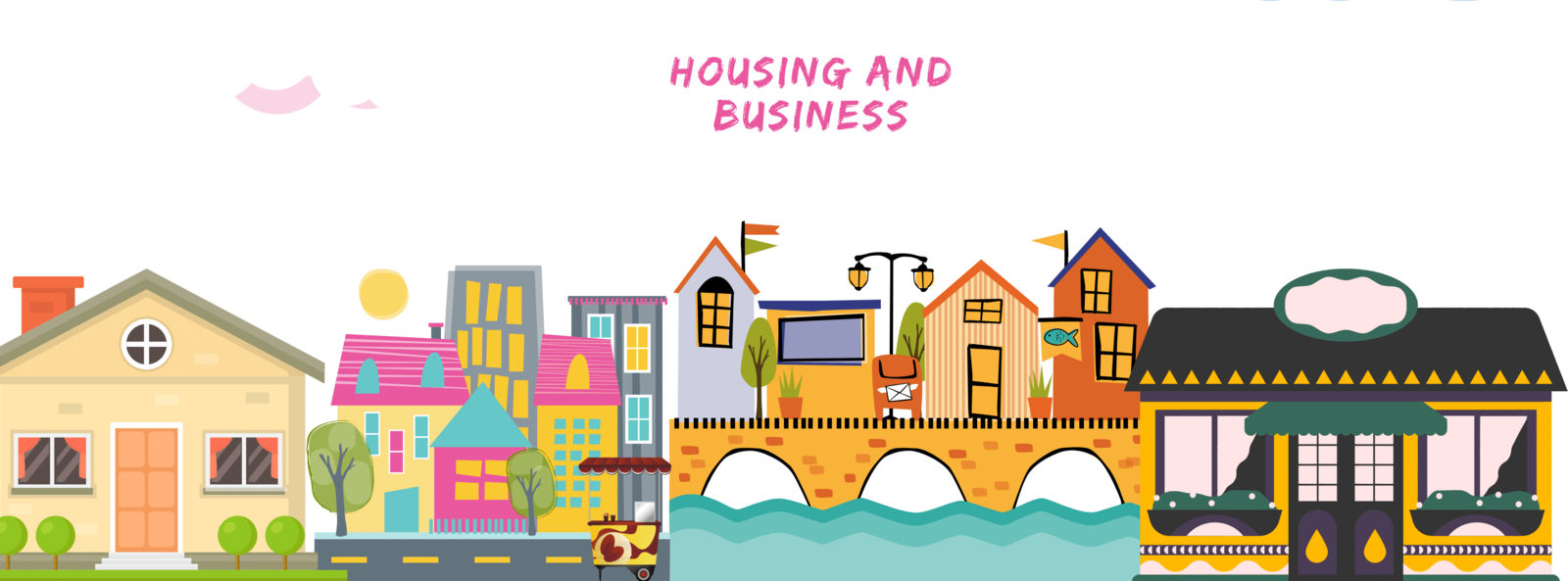 Housing and business graphic with colorful buildings 