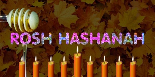 Rosh Hashanah sigh with fall leaves,  9 candles, and honey