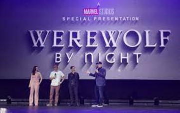 Werewolf By Night reveal from D23 featuring from left to right: Laura Donnelly as Elsa Bloodstone, director Michael Giacchino, Gael Garca Bernal as Jack Russell/Werewolf By Night, and Marvel Studios President Kevin Feige