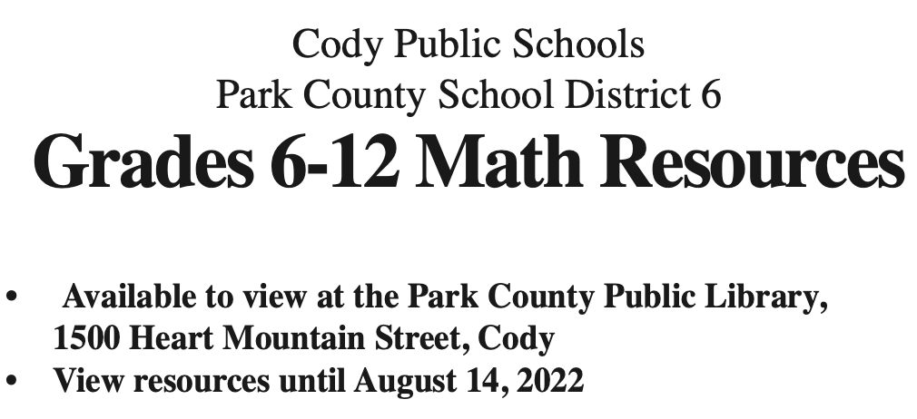 Algebra 1 Math Resource will be displayed at the Park County Public Library until August 14th