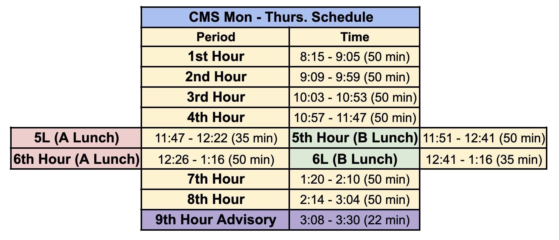 Bell Schedule Mon - Thurs