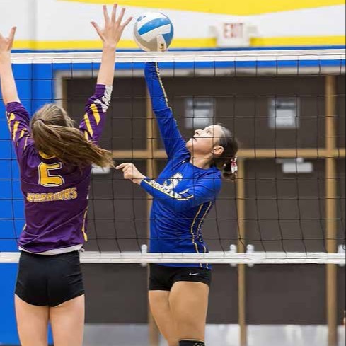 Volleyball player hitting a ball at the net