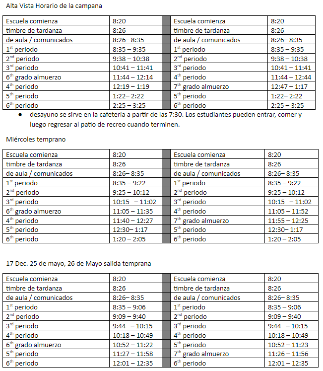 Bell Schedule Alta Vista CIS