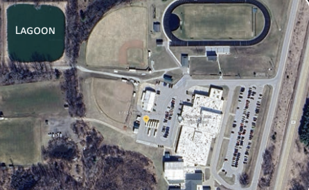 This is an ariel view of the school grounds. In this image it is outlining the Lagon. 