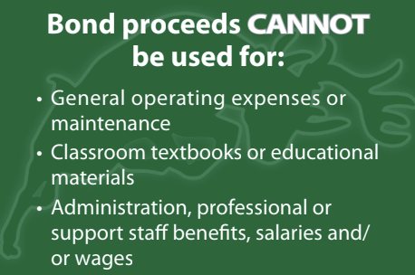 This is a graphic outlining the things that the Bond Cannot be used for: general operating expenses and maintenance,  classroom textbooks or educational material, Administration, professional or support staff benefits, salaries and/ or wages