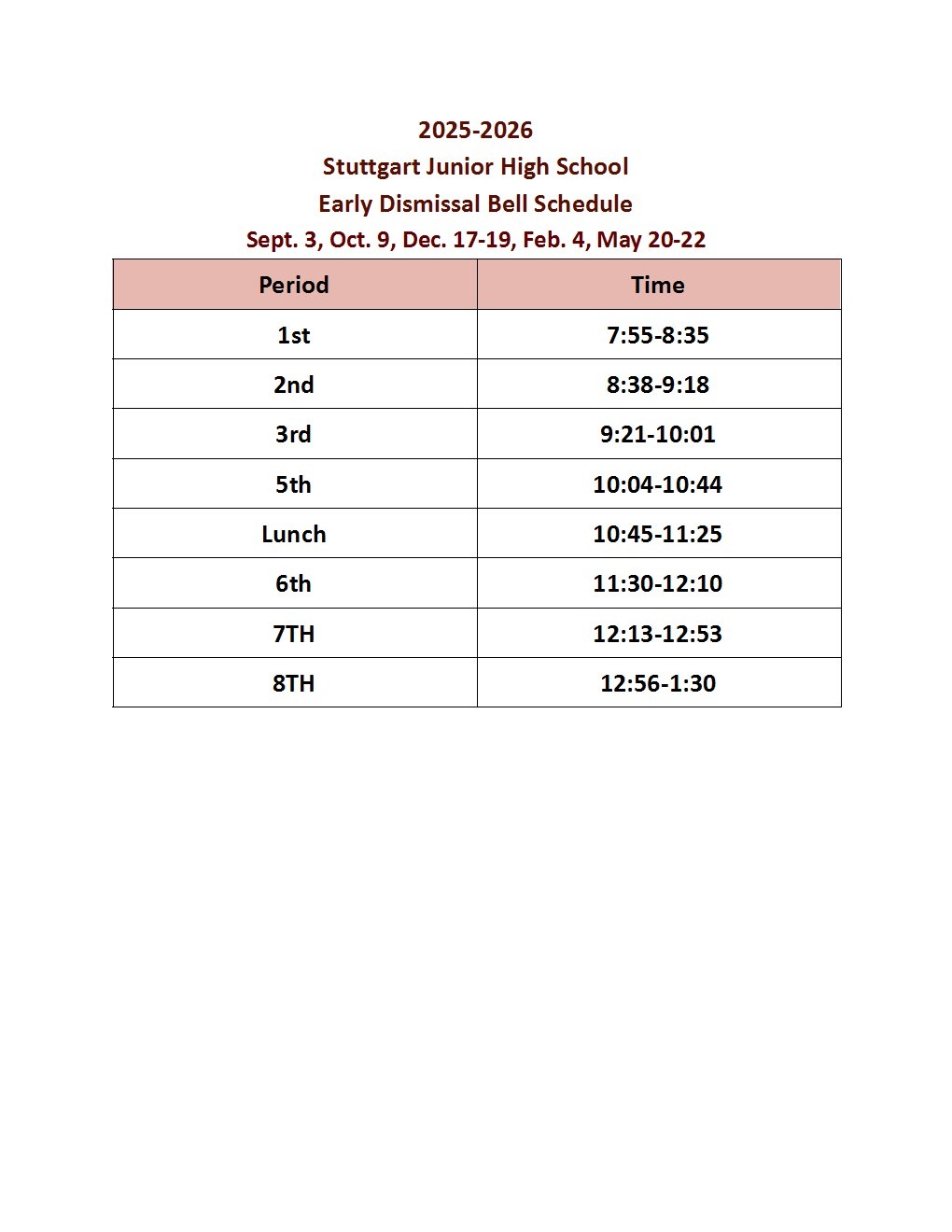2025-2026 Early Dismissal Bell Schedule
