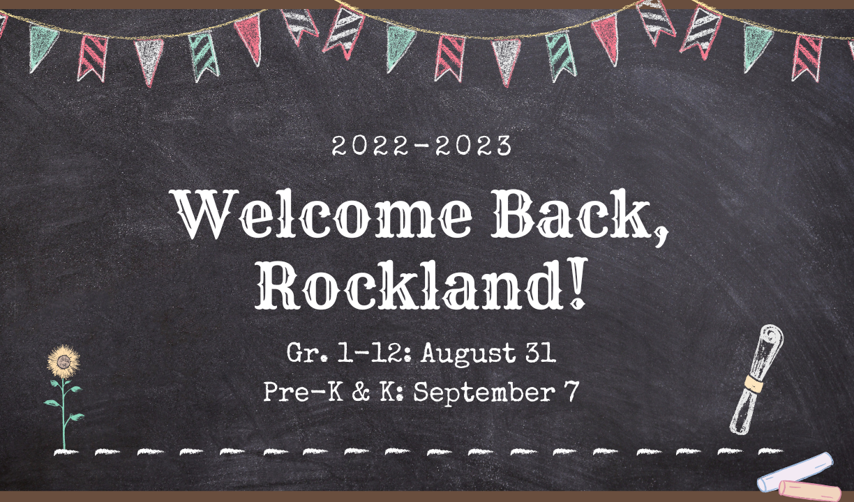 Welcome back message on a chalkboard with a banner and dates school starts