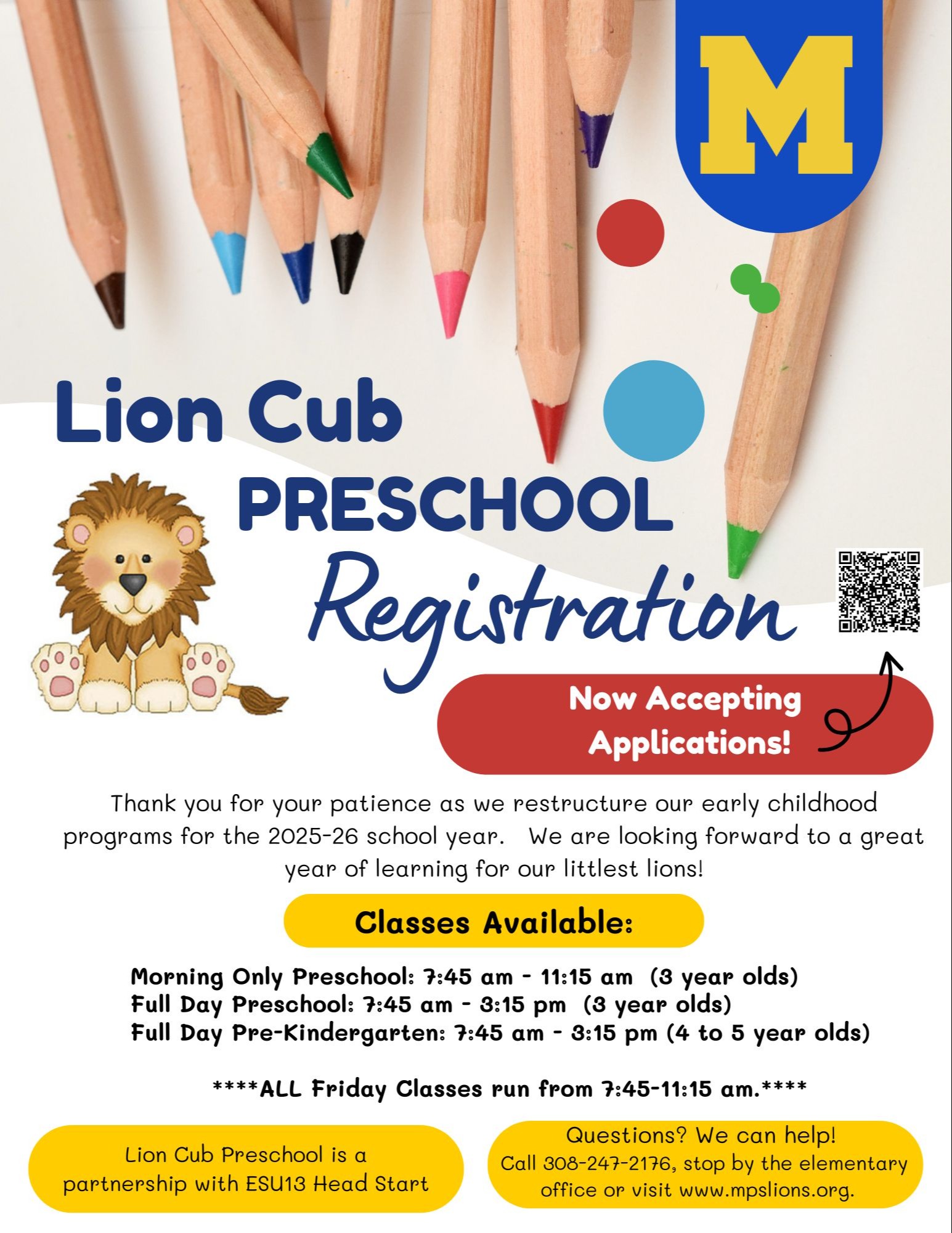 Thank you for your patience as we restructure our early childhood programs for the 2025-26 school year. We are looking forward to a great year of learning for our littlest lions!  We are now accepting applications. Please click here.    For more information please check out the FAQs below or call our office at 308-247-2176.