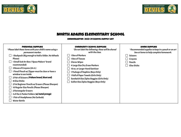 Kindergarten Supply List