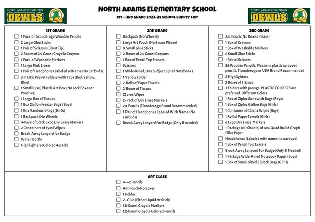 Grades 1-3 Supply Lists