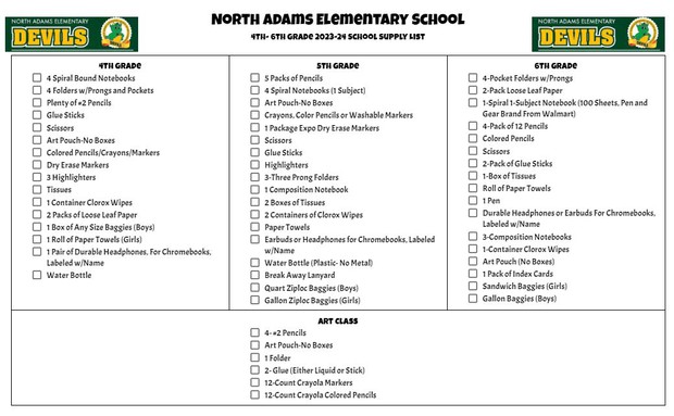 Grades 4-6 Supply Lists