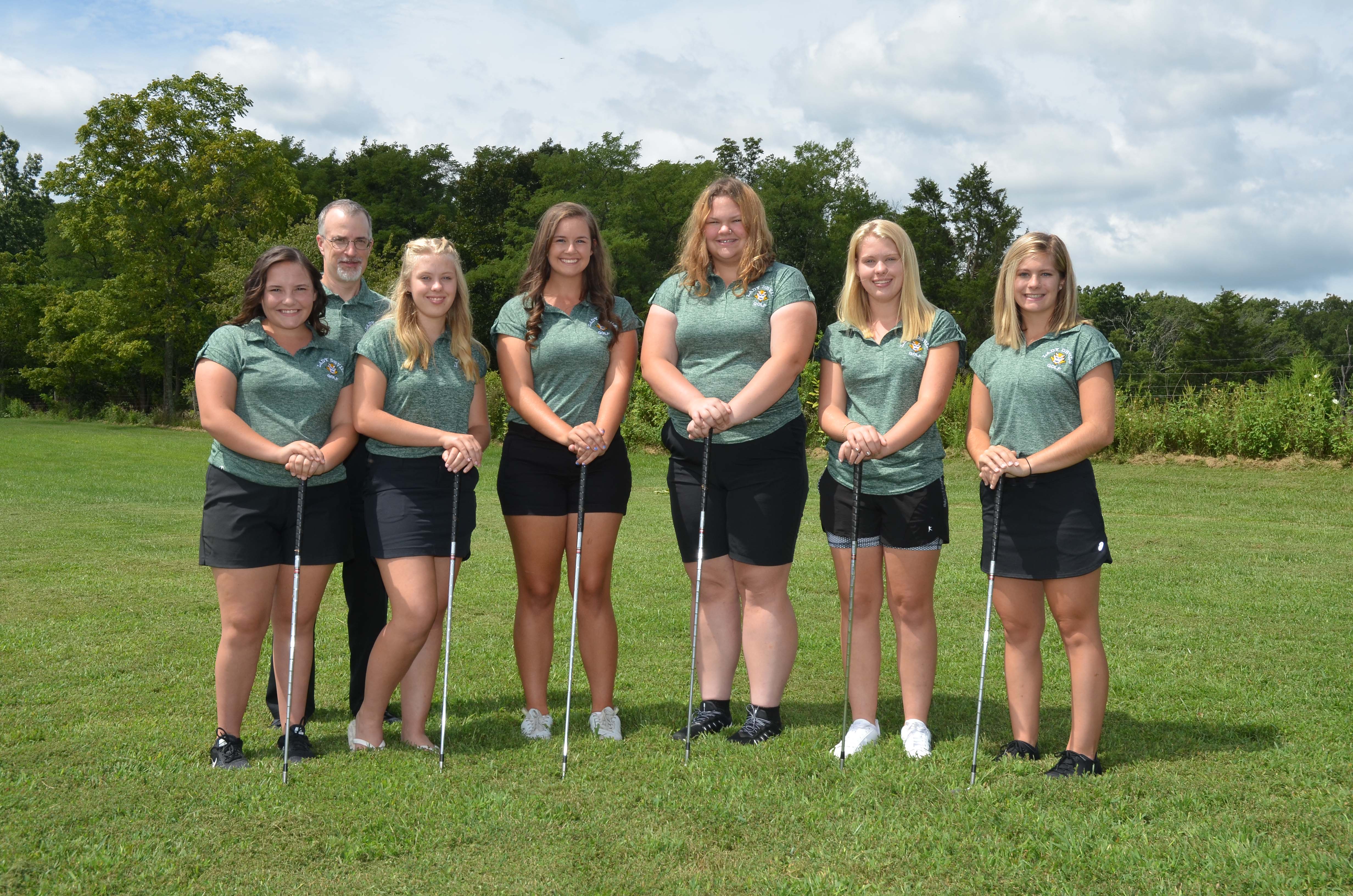 Girls golf team: Left to right: Rachel Bolen, Madison Humphrey, Jessie Crawford, Dakotah Davis, Jacklyn Humprey, Brooklynn Tolle, Head Coach - Matt Williams