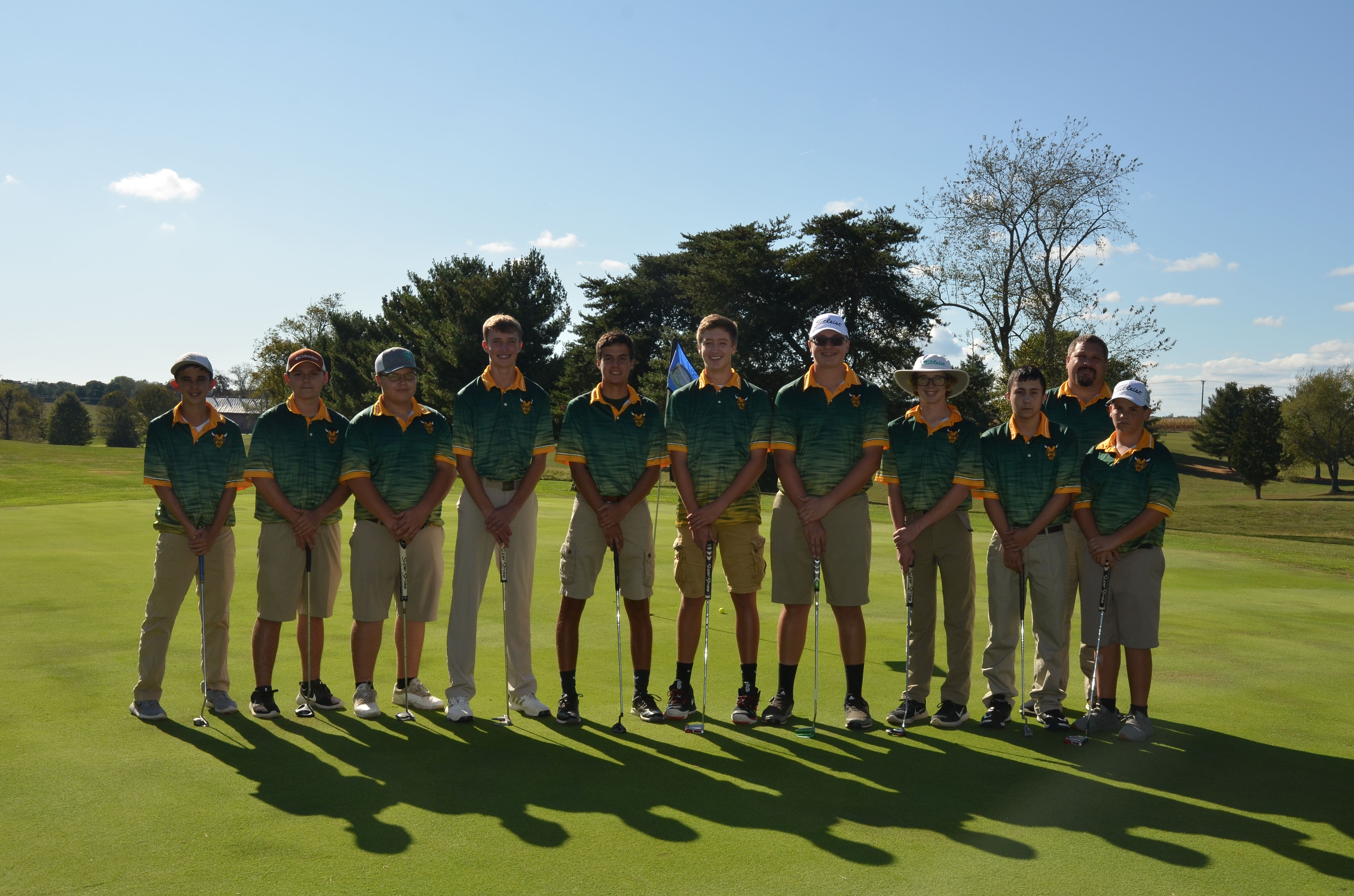 Boys golf team - Left to right:  Kelby Moore, Wyatt Applegate, Mitchell Ohnewehr,  TJ Holt, Anthony Wylie, Cameron Young, Wyatt Roades, Carson Chaney, Josiah Garrett, Head Coach - Ammon Mitchell, Brady Lung 