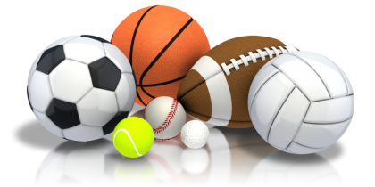 A collection of sports balls (basketball, baseball, soccer, football, volleyball) 