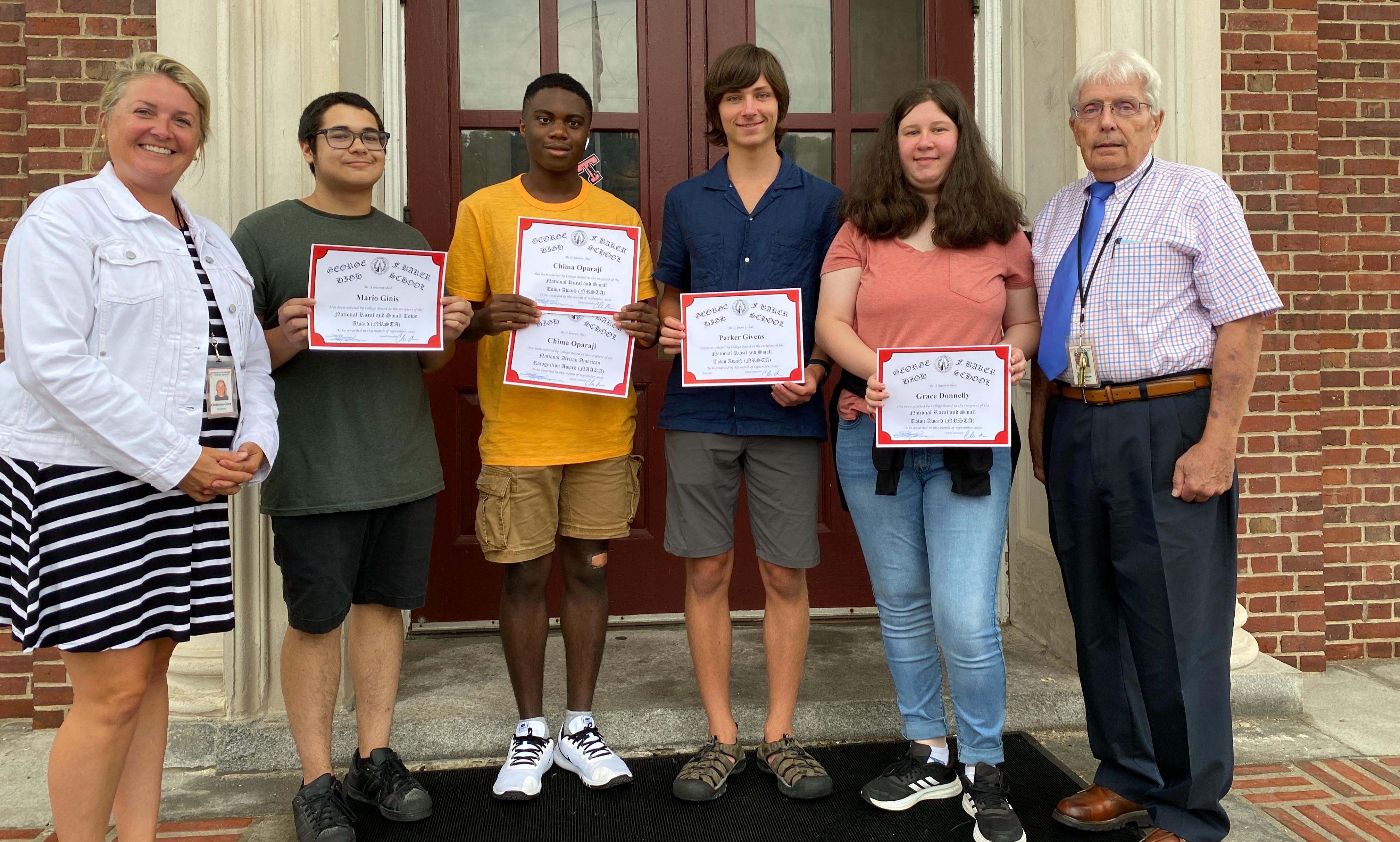 eniors Grace Donnelly, Mario Ginis, Parker Givens and Chima Oparaji with  Principal Roy Reese and School Counselor Christine Oliva 