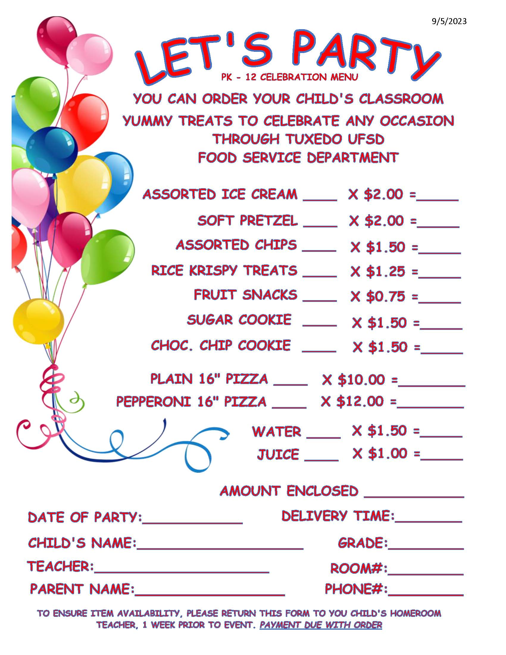 Celebration Menu