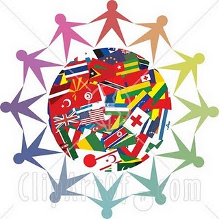 An image of the world with many flags and people silhouette around it.