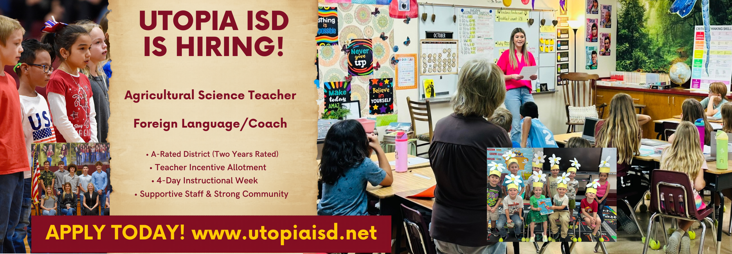 Utopia ISD is hiring an agricultural science teacher and a foreign language teacher/coach. We are an A-rated district, have TIA, a 4-day instructional week, a supportive staff, and a strong community.