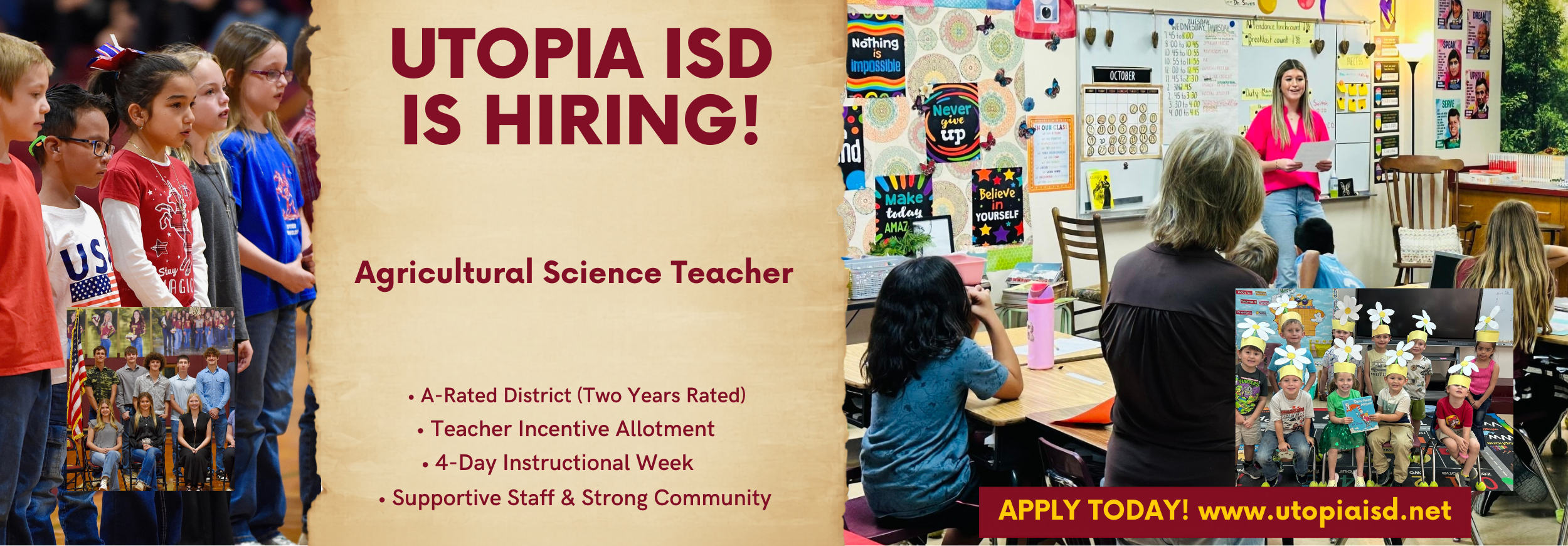 Utopia ISD is hiring an agricultural science teacher. We are an A-rated district, have TIA, a 4-day instructional week, a supportive staff, and a strong community.