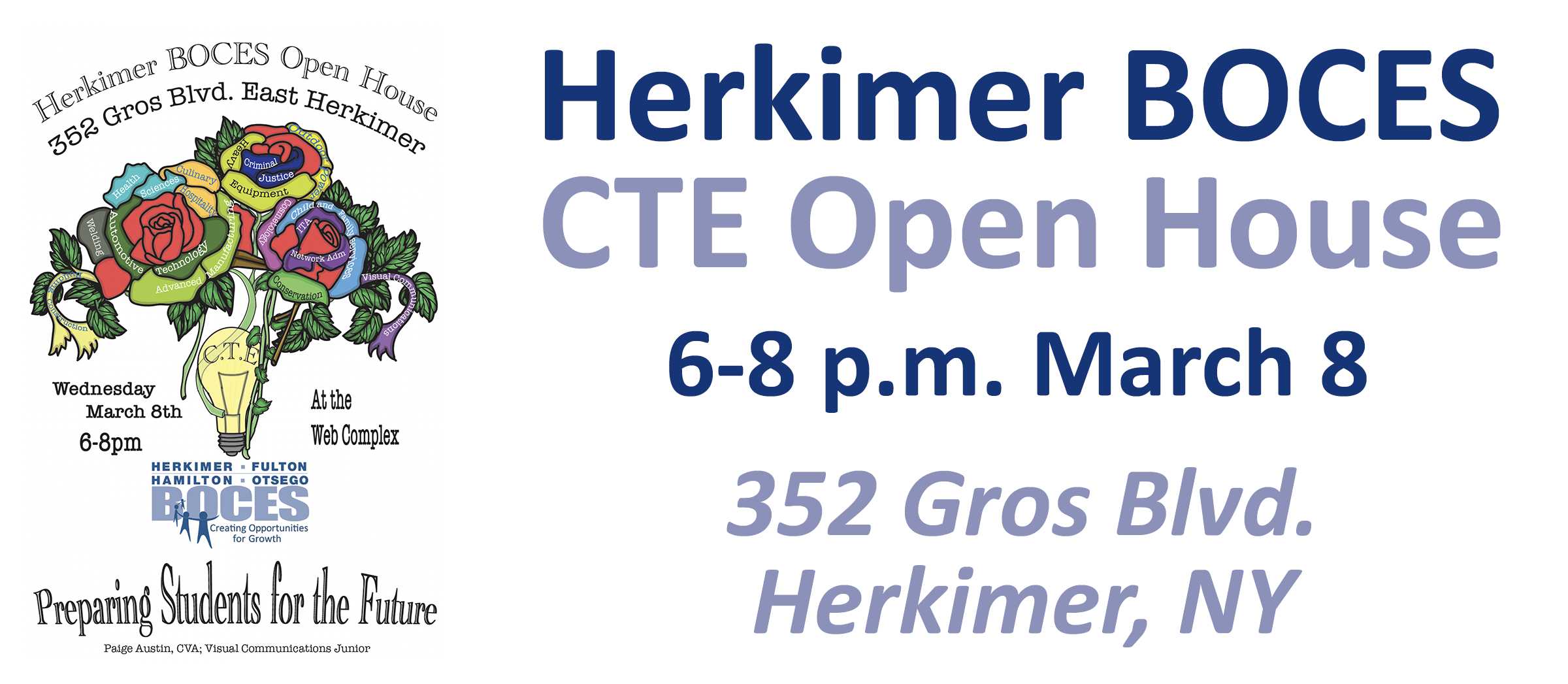 Herkimer BOCES CTE Open House 6-8 p.m. March 8 with logo by Visual Communications student