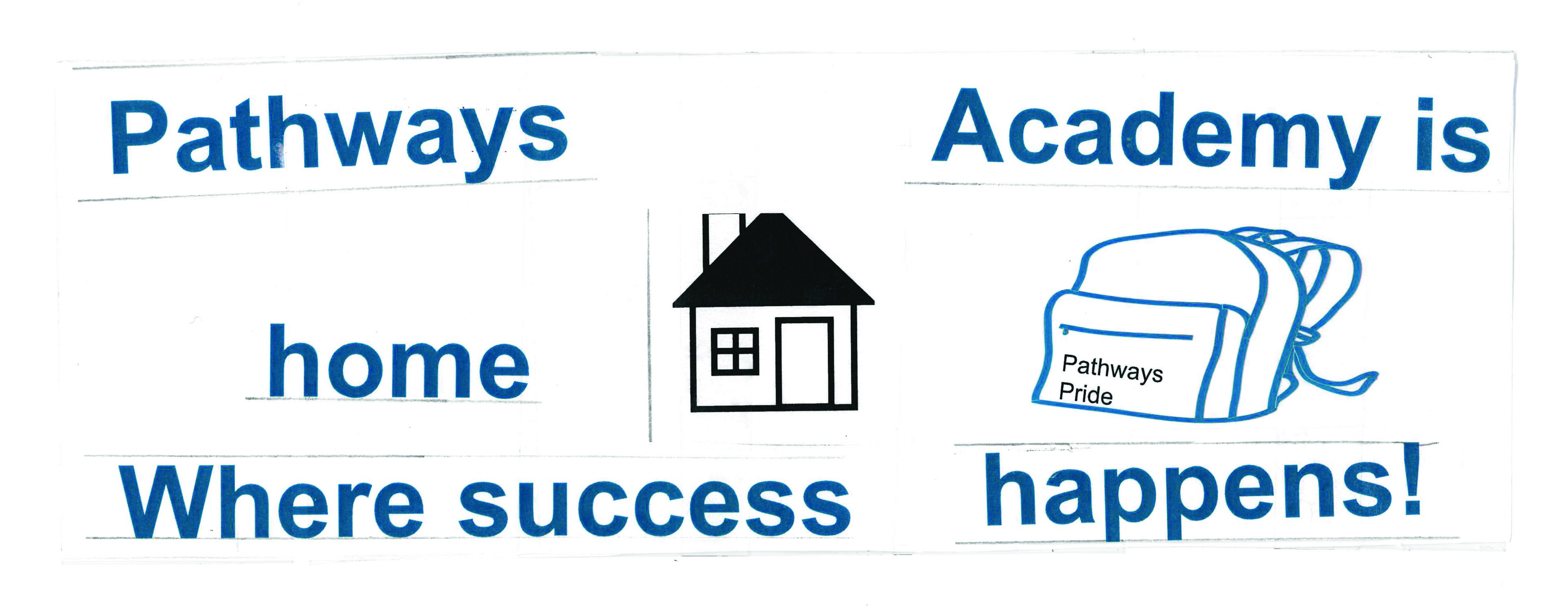 A bumper sticker made by Pathays students showing house and backback illustrations and the words "Pathways Academy is home, where success happens!"