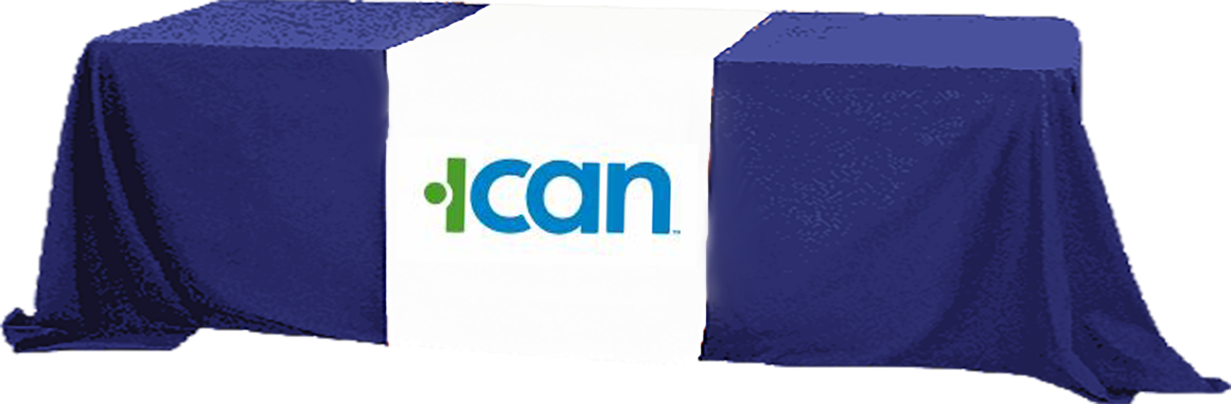 ICAN  logo on a table cover over a table image