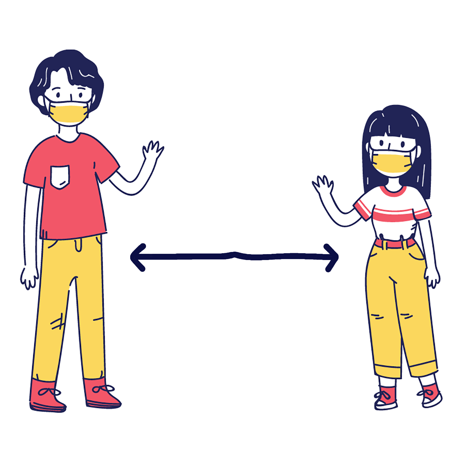 Illustration of a boy and girl social distancing with an arrow between them