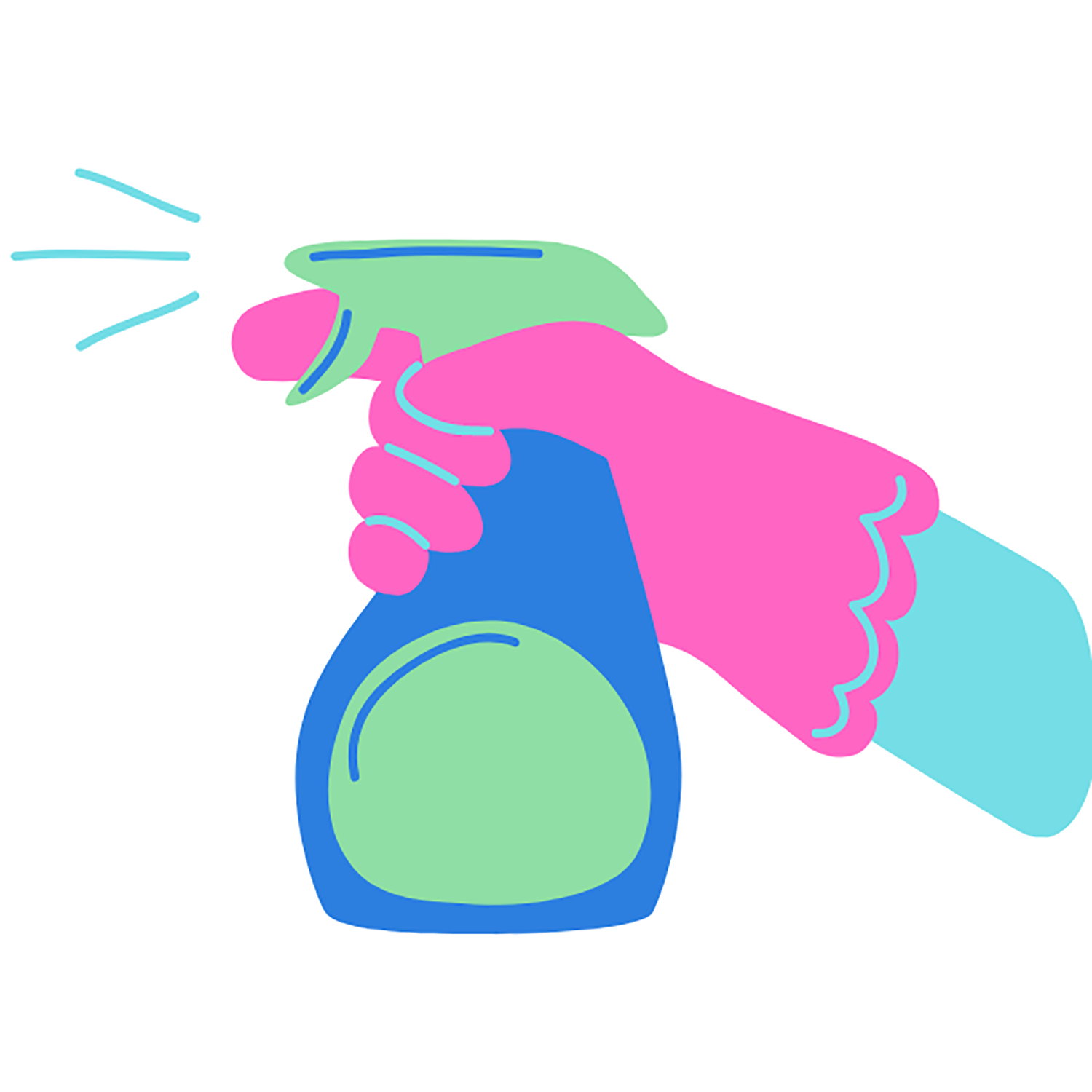 Illustration of gloved hand holding cleaning spray and spraying it