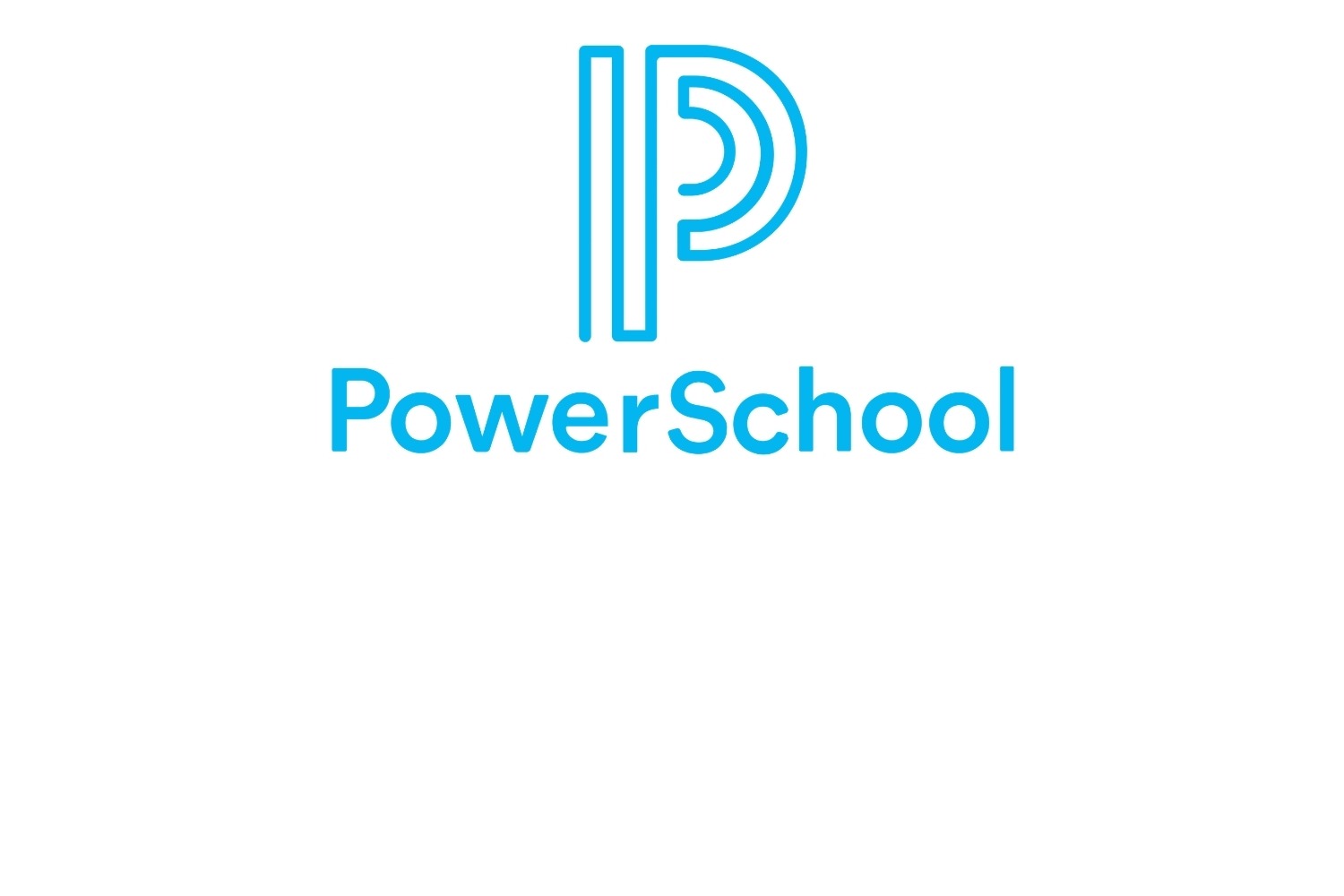 A logo featuring "PowerSchool" in blue text with an icon resembling a stylized building. The background is white.