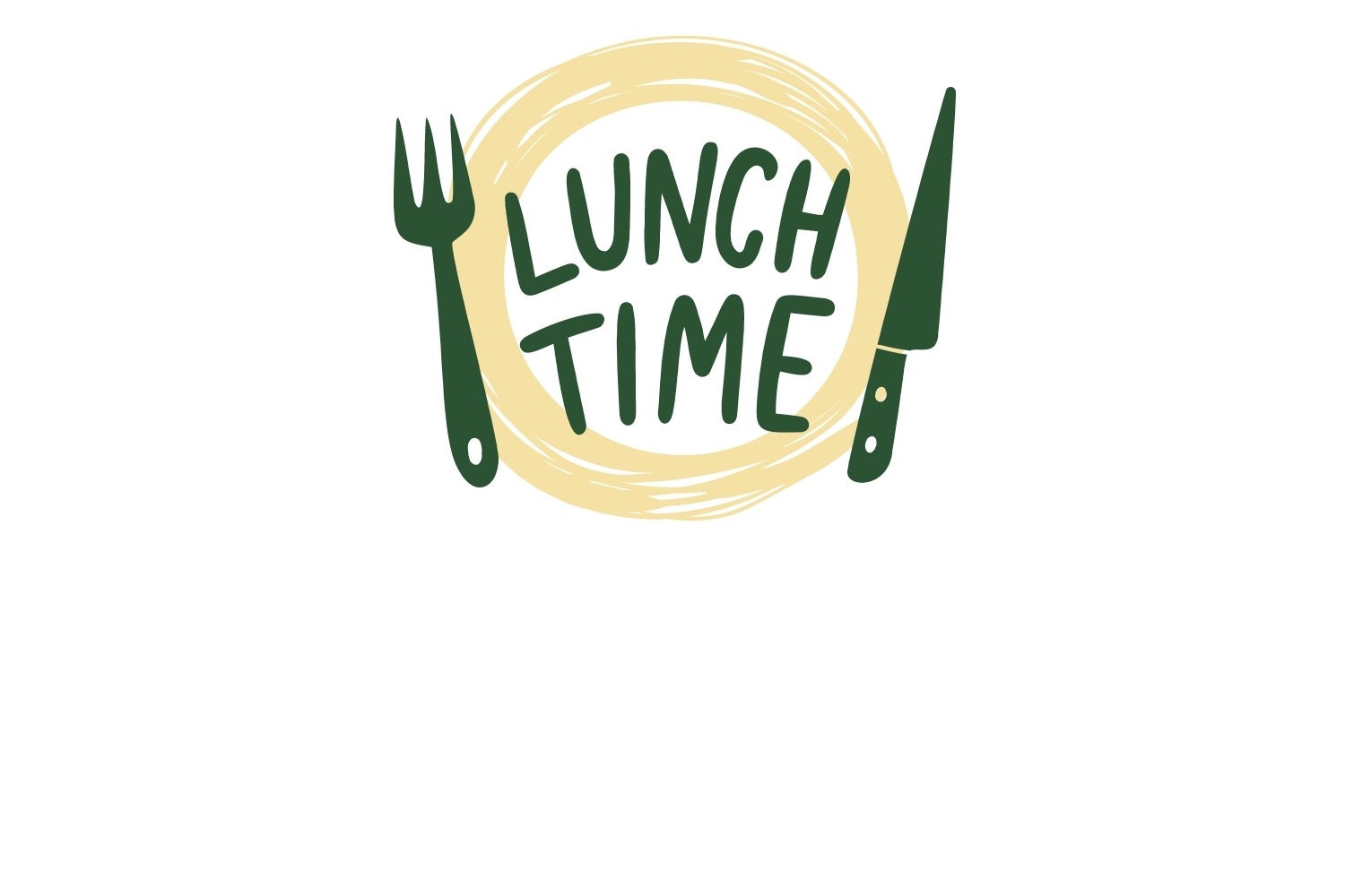 A logo with the text "LUNCH TIME" in green, featuring a knife, fork, and a yellow circle.