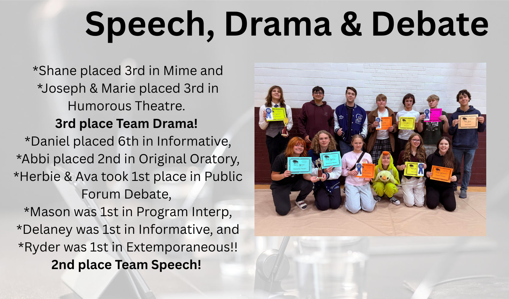 Meet Two, we headed to Roundup! Shane placed 3rd in Mime and Joseph &amp; Marie placed 3rd in Humorous Theatre. 3rd place Team Drama! Daniel placed 6th in Informative, Abbi placed 2nd in Original Oratory, Herbie &amp; Ava took 1st place in Public Forum Debate, Mason was 1st in Program Interp, Delaney was 1st in Informative, and Ryder was 1st in Extemporaneous!! 2nd place Team Speech! Great work, Herders!