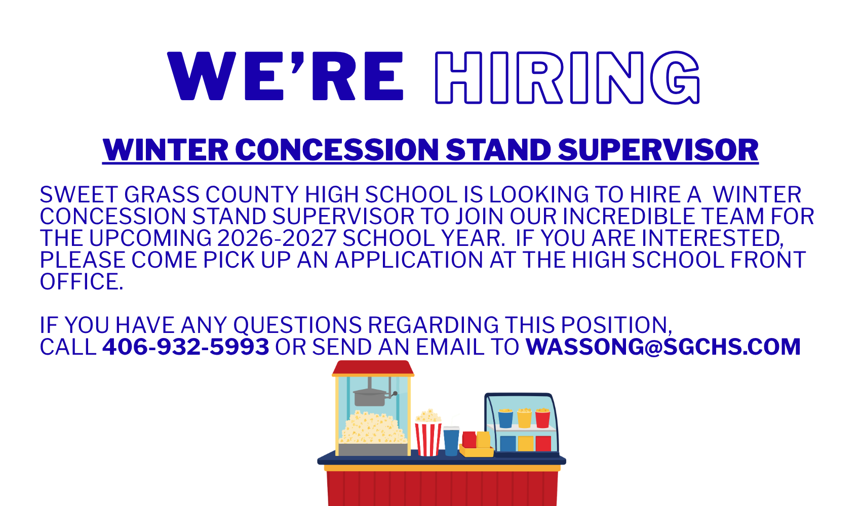 SGCHS is hiring a Winter Concessions Coordinator for the 2026-2027 winter sports season.