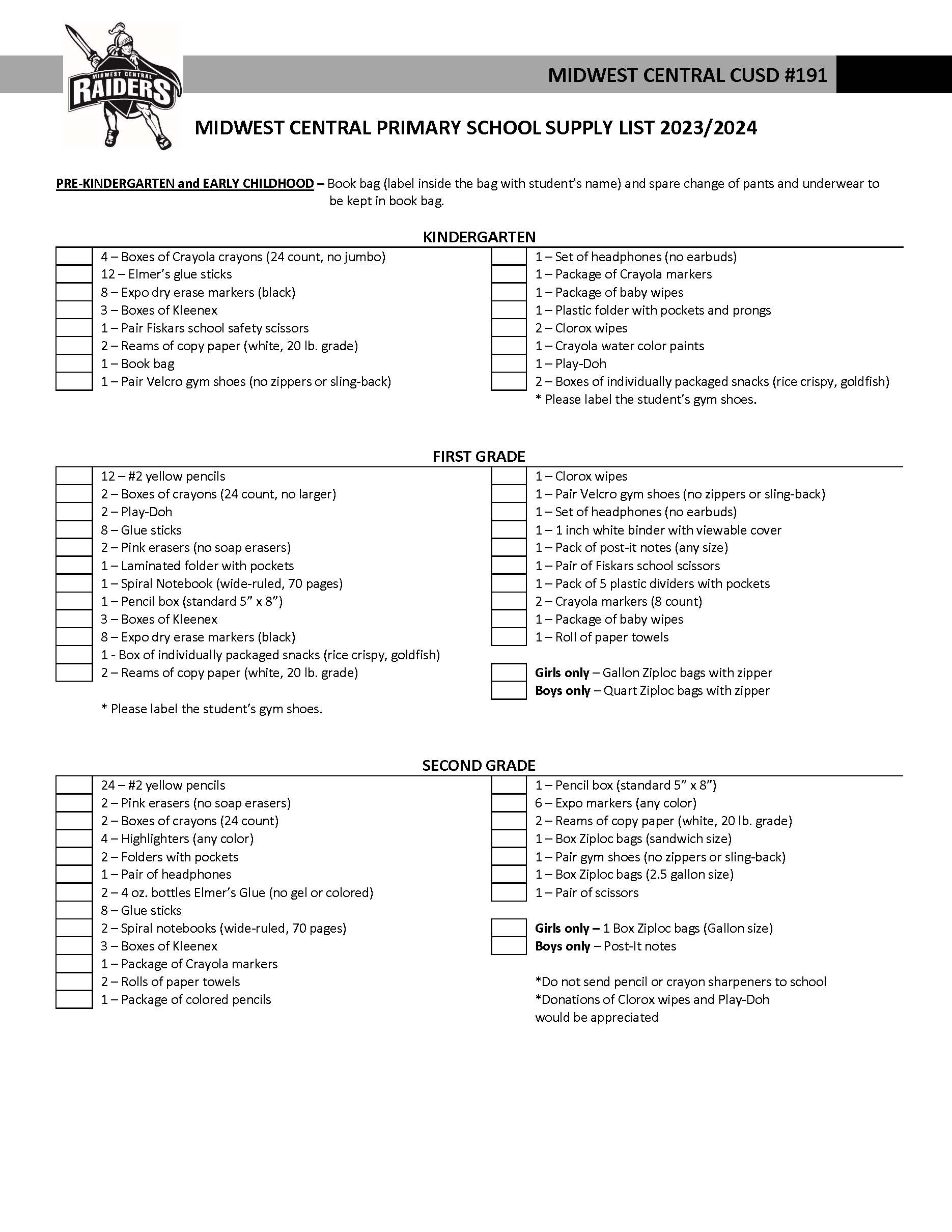 Supply List 2023-24 | Midwest Central Primary School