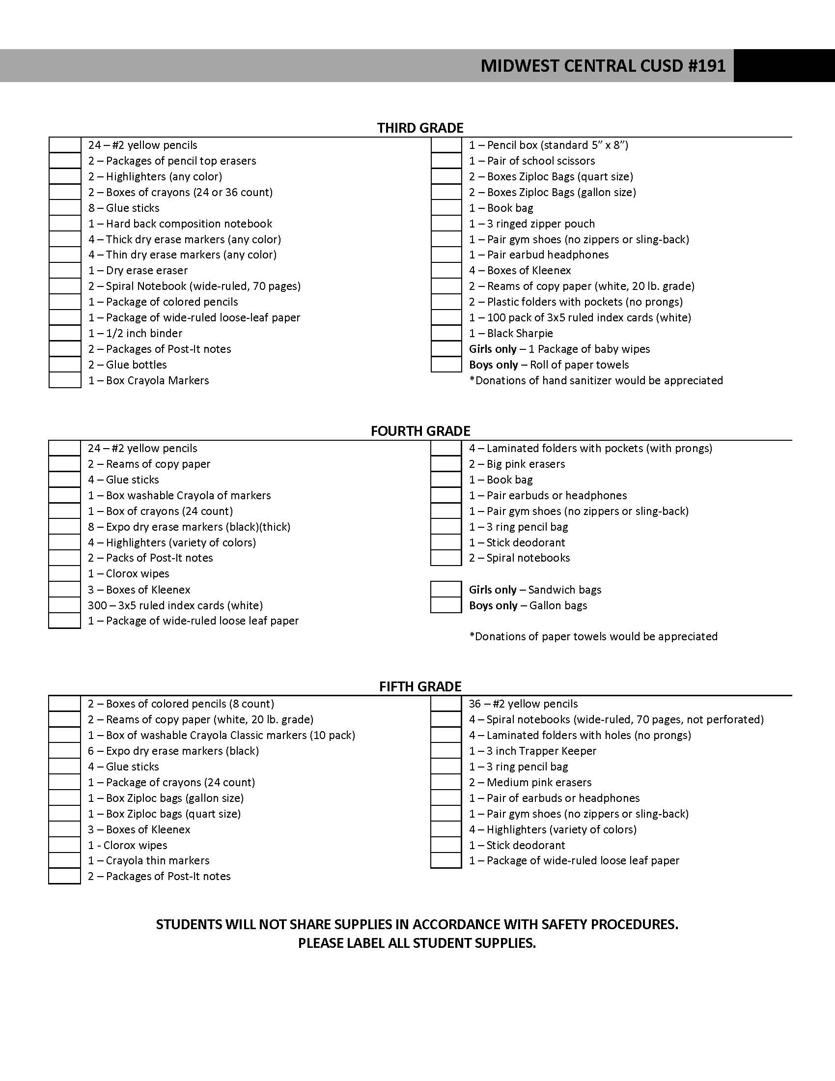 Supply List 2023-24 | Midwest Central Primary School