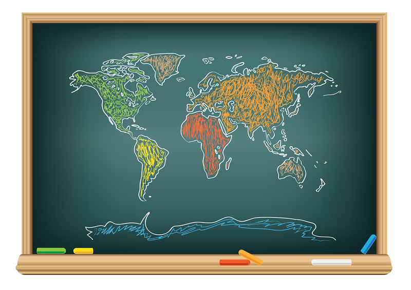 An image of a blackboard with a map draw inside.