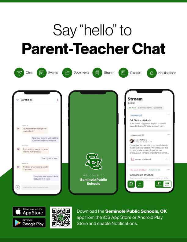 Say hello to Parent-Teacher chat in the new Rooms app. Download the  Seminole Public Schools app in the Google Play or Apple App store
