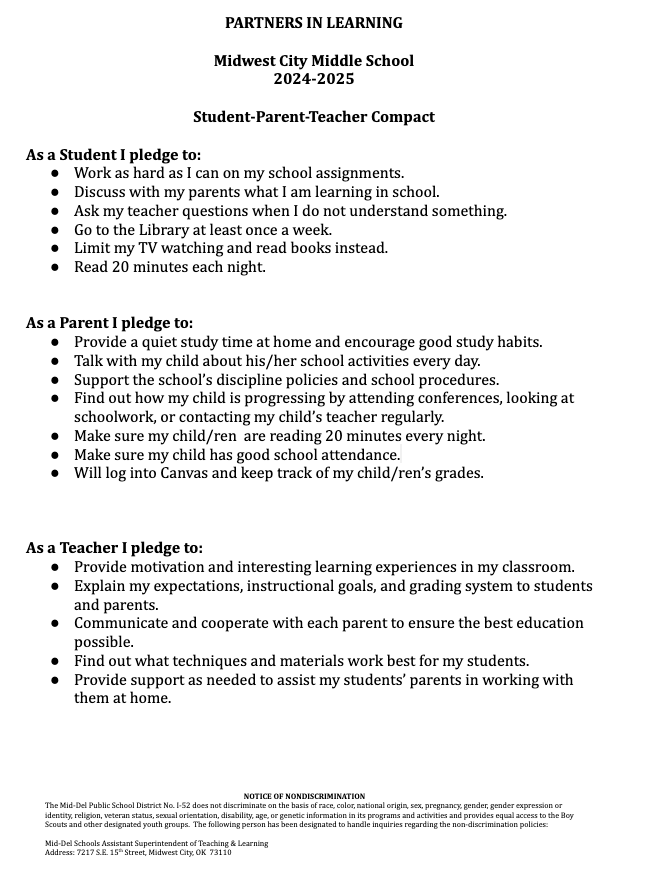 Student, Parent, Teacher Compact for 2024-2025