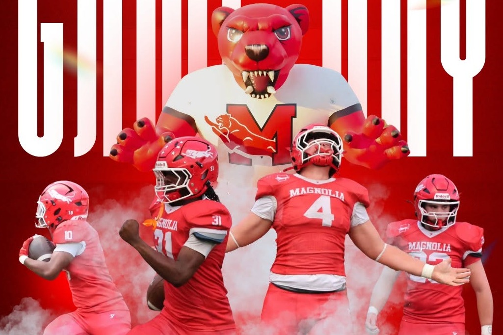 Football players in red jerseys and helmets pose in a triangular formation on a red background.