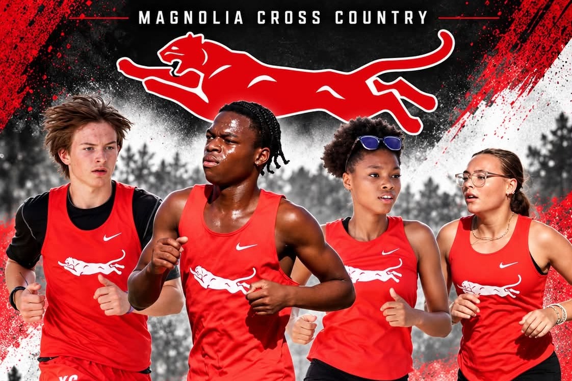 Four athletes in red uniforms run forward. Text reads "Meet Day: Buck Fever Showcase". A red panther is on a red and white background.