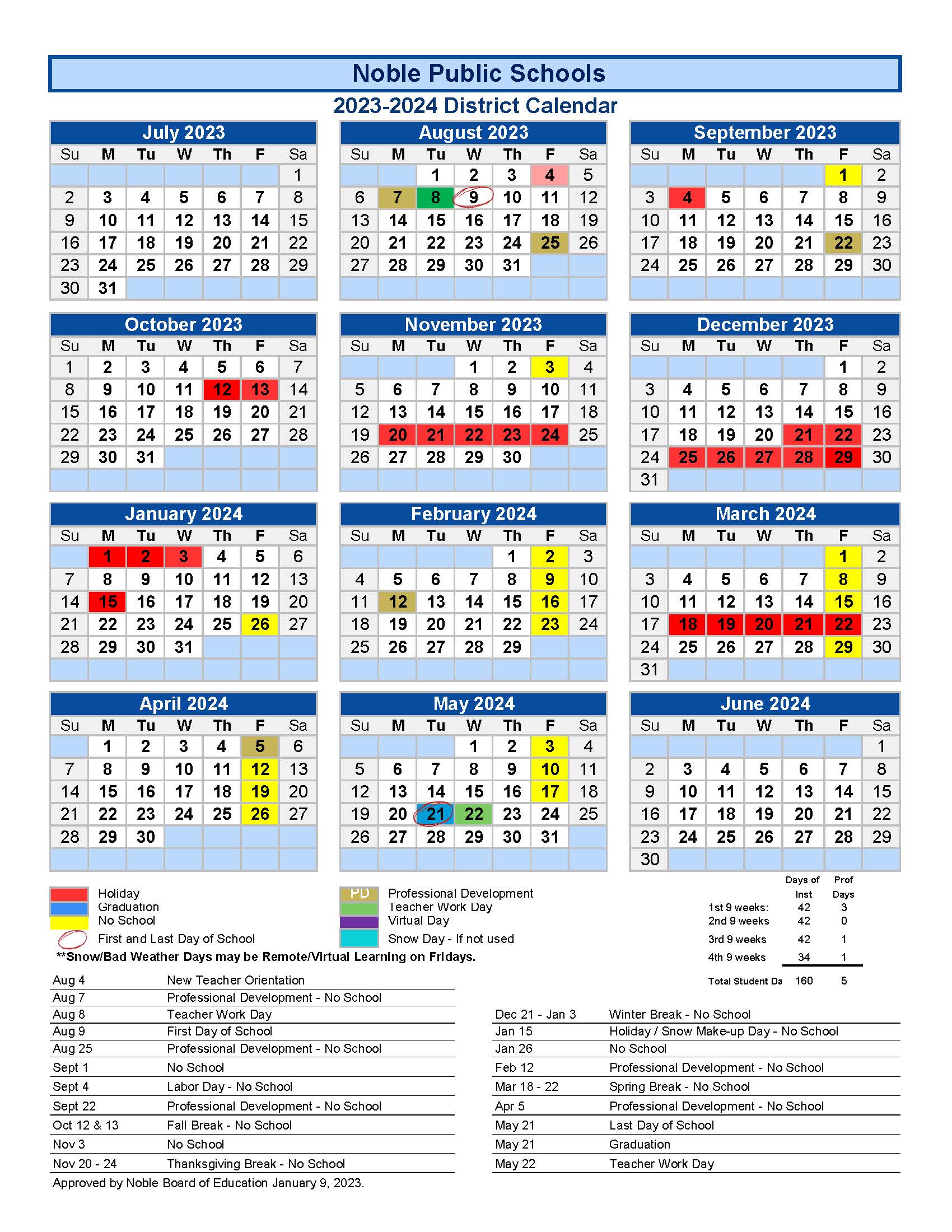 2023-2024 District Calendar -Board approved 1.9.2023