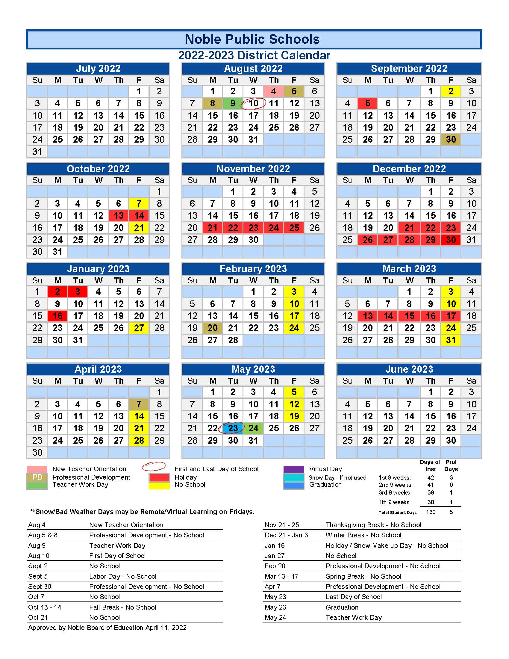 Calendar View Noble Public Schools