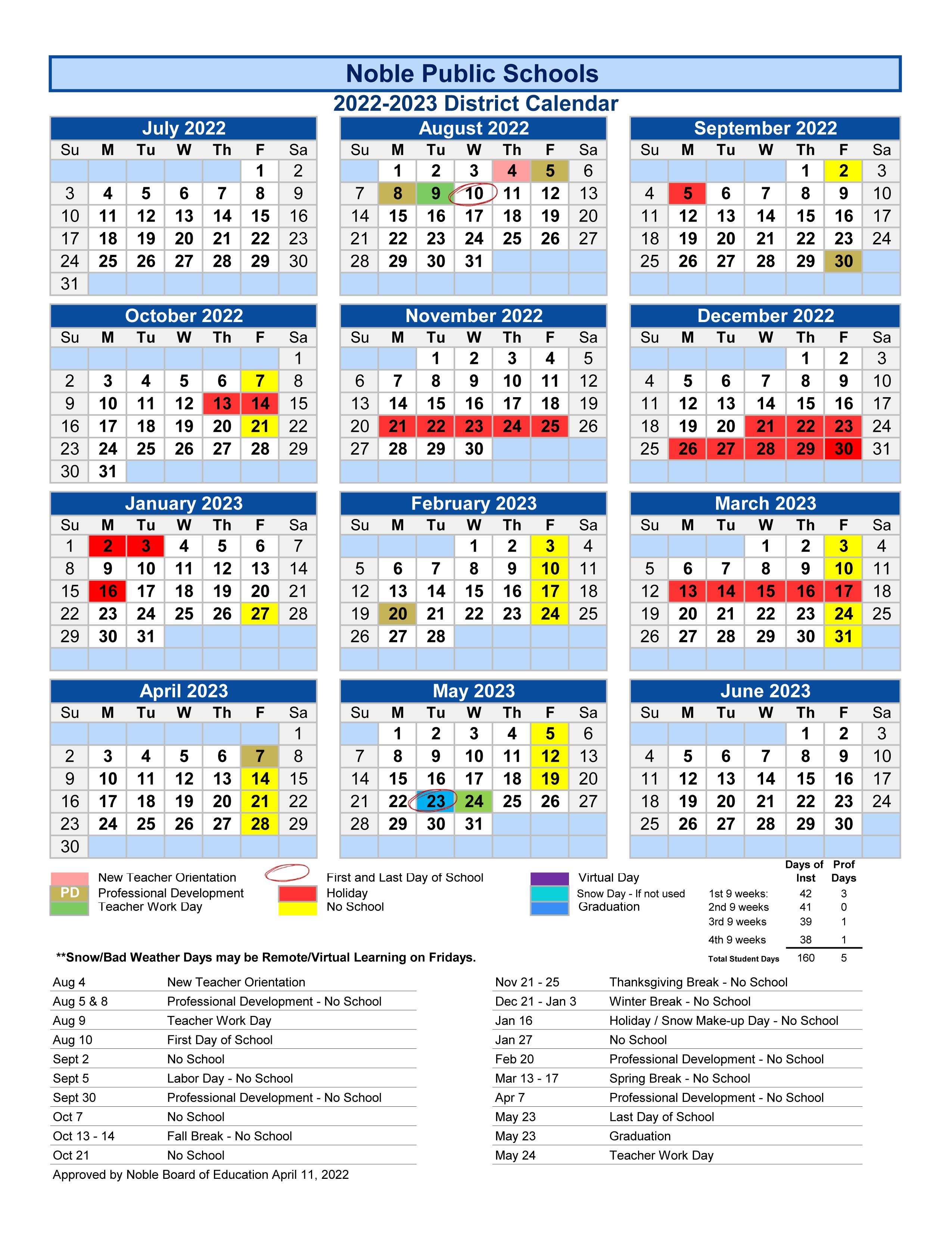 Calendar for Disrict