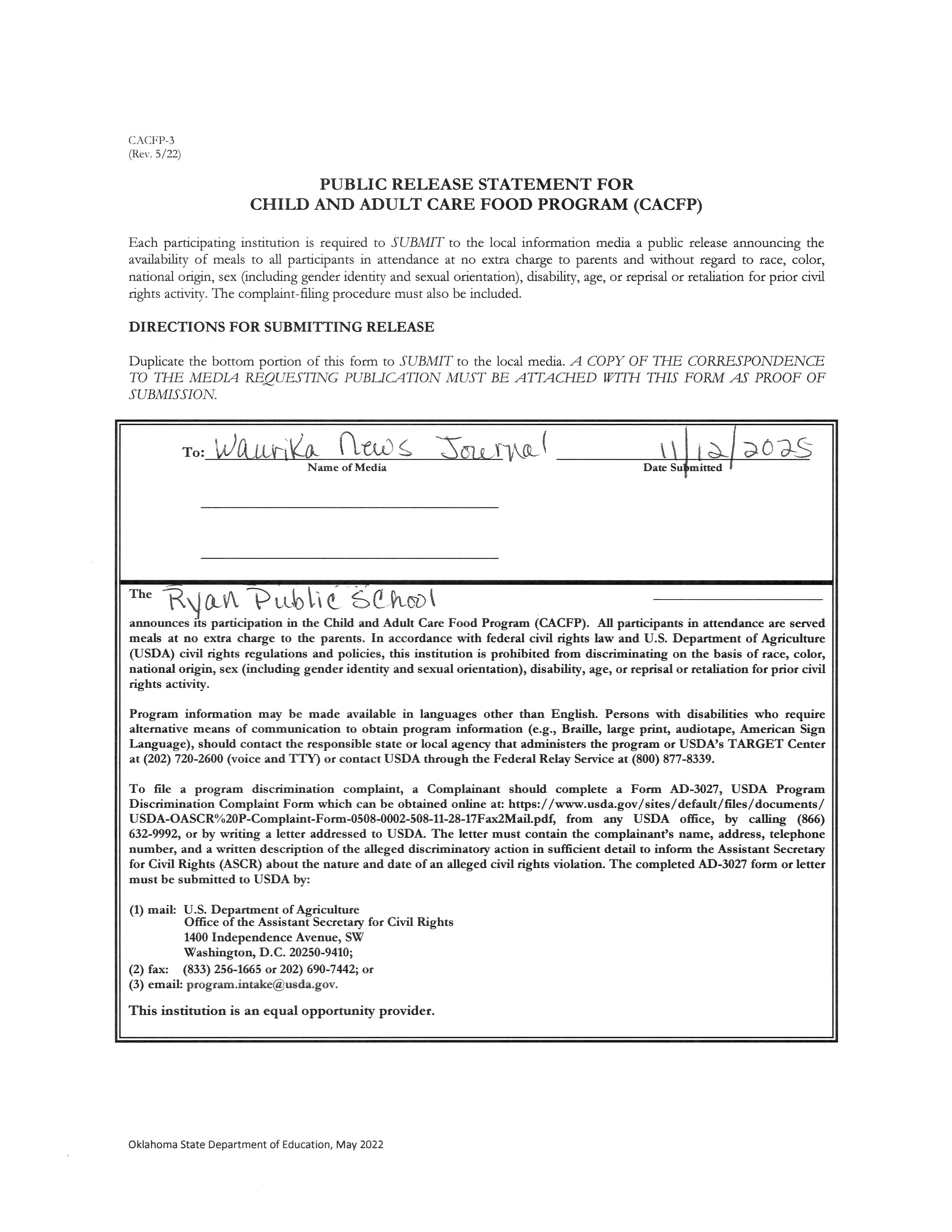 CACFP Public Release Information