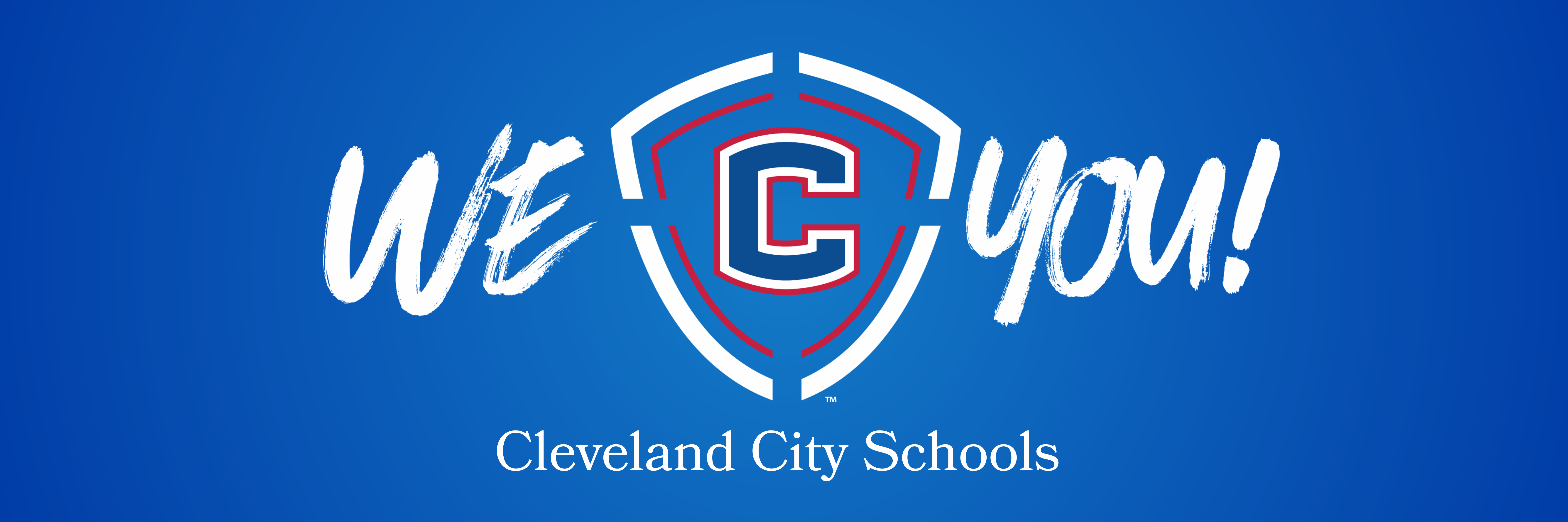 Blue background with the Cleveland City Schools logo. Logo features a shield with "C" in center, white text "WE C you!"
